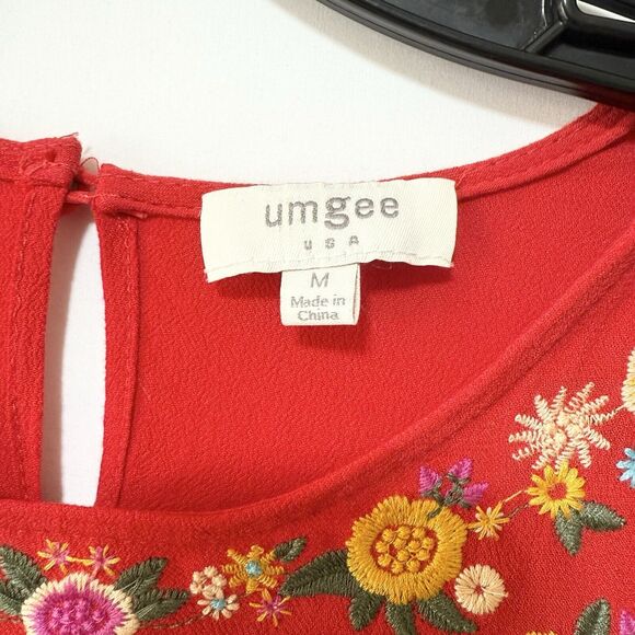 Umgee Mini Tunic Dress Womens Medium Red Embroidered Short Sleeve  Boho Artsy - Picture 5 of 10